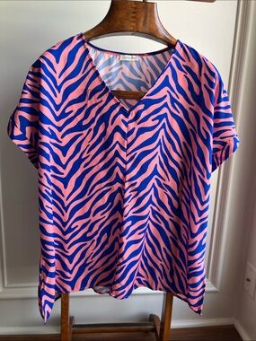 Cotton Bleu V-Neck Zebra Print Top in Pink and Blue